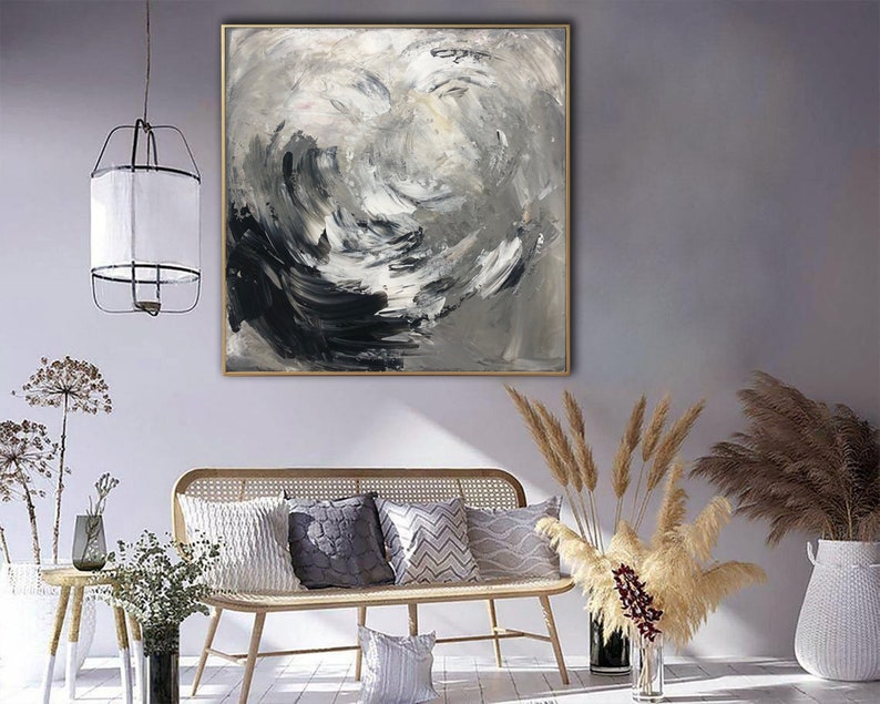 Original Monochrome Custom Oil Painting Black and White Artwork Modern Abstract Gray and Silver Wall Art Decor for Bedroom
