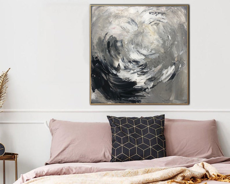 Original Monochrome Custom Oil Painting Black and White Artwork Modern Abstract Gray and Silver Wall Art Decor for Bedroom