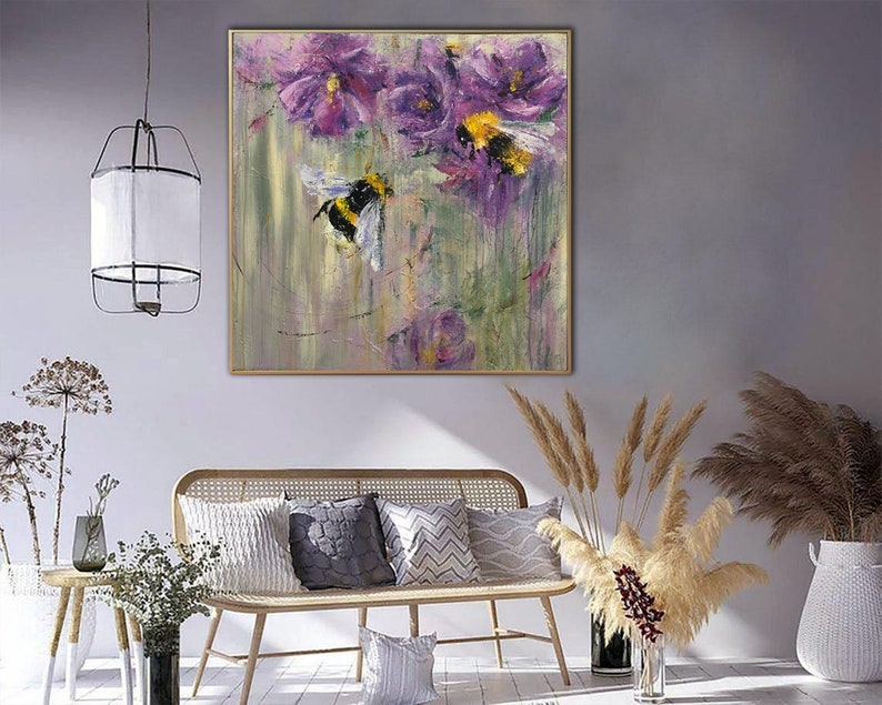 Originale abstrakte blomstermalerier på lærred, lilla buketmaleri, bimaleri, impasto, akryl, impressionistisk kunst, natur, vægkunst på lærred