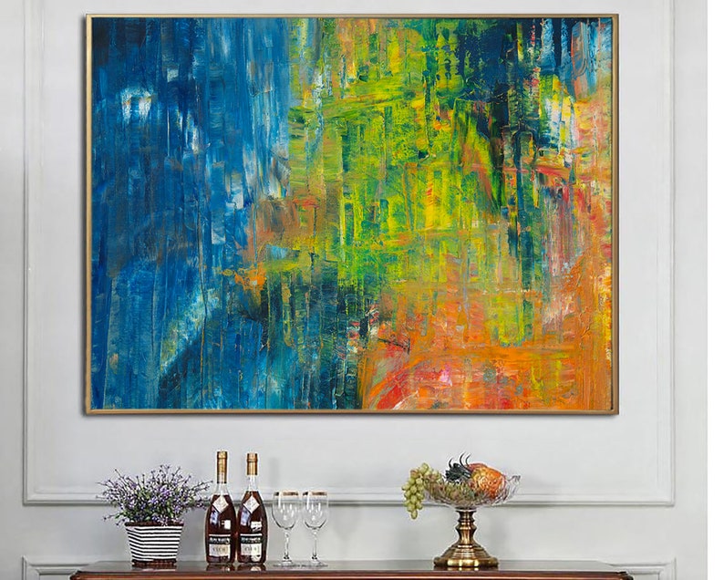 Farbenfrohe abstrakte Gemälde auf Leinwand, expressionistisches Kunstwerk, eklektischer Stil, fesselndes Asterpiece, strukturiertes Luxusgemälde, handgefertigtes Kunstwerk