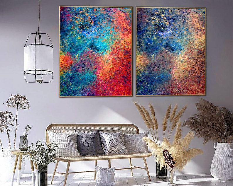 Abstract Diptych Painting Oversized Wall Art Red Painting Blue Wall Art Modern Wall Art Set Of 2 Textured Wall Art Living Room Decor