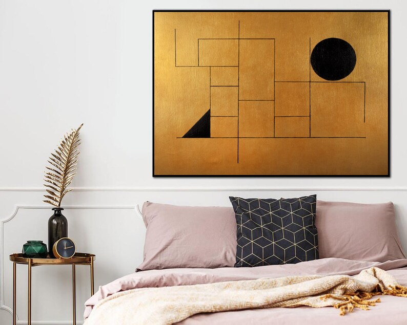Kräftige geometrische Formen Kunst Schwarz und Gold Wandkunst Linie Wandkunst Einzigartiges Feingemälde Atmosphärische Kunst Individuelles Ölgemälde