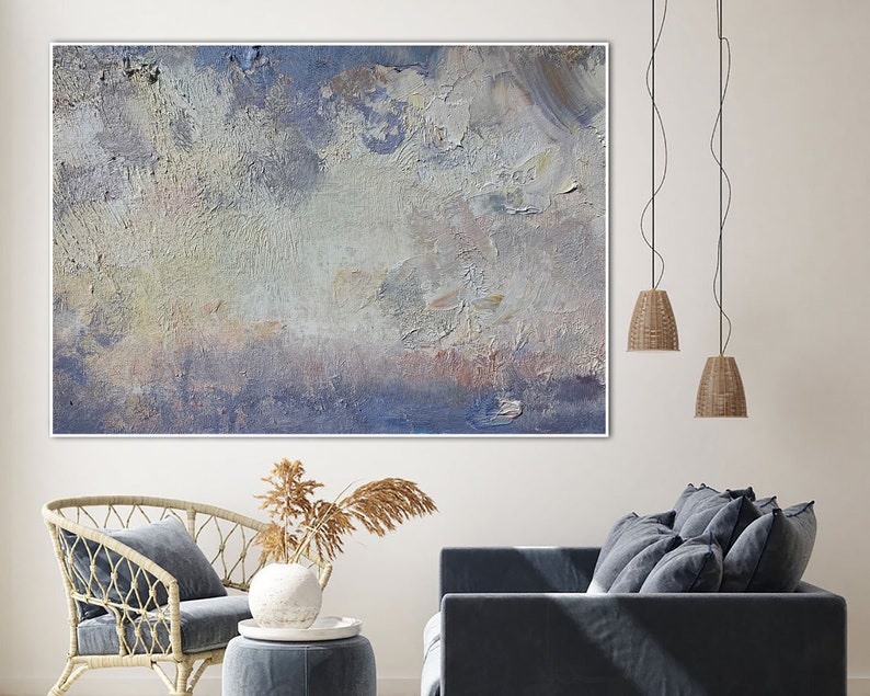 Stor tekstureret vægkunst abstrakt maleri blå og grå moderne vægkunst paletkniv oliemaleri stueindretning indflyttergave