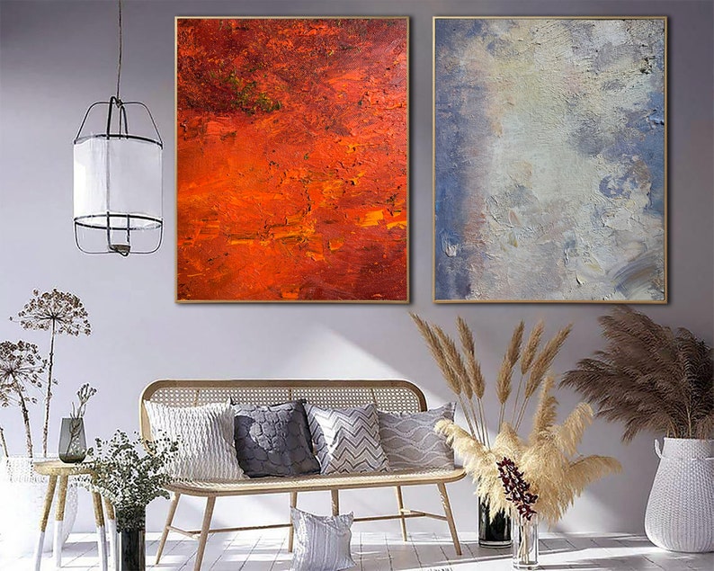 Large Abstract Diptych Red and Blue Wall Art Bright Wall Art Set of 2 Oil Painting Textured Wall Art Colors Art Living Room Decor Framed Art