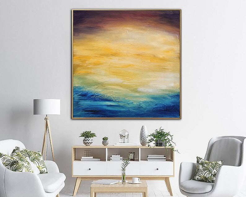 Sunset Wall Art Abstract Painting Coastal Decor Ocean Painting Seascape Art Blue Canvas Yellow Wall Art Living Room Art Large Abstract Art