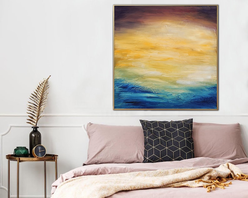 Sunset Wall Art Abstract Painting Coastal Decor Ocean Painting Seascape Art Blue Canvas Yellow Wall Art Living Room Art Large Abstract Art