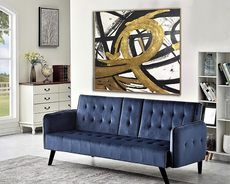 Gold Abstract Painting, Modern Black and White Wall Art, Hand-Painted Minimalist Canvas, Contemporary Geometric Art for Home Decor