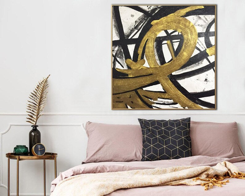 Gold Abstract Painting, Modern Black and White Wall Art, Hand-Painted Minimalist Canvas, Contemporary Geometric Art for Home Decor