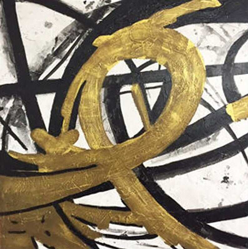 Gold Abstract Painting, Modern Black and White Wall Art, Hand-Painted Minimalist Canvas, Contemporary Geometric Art for Home Decor