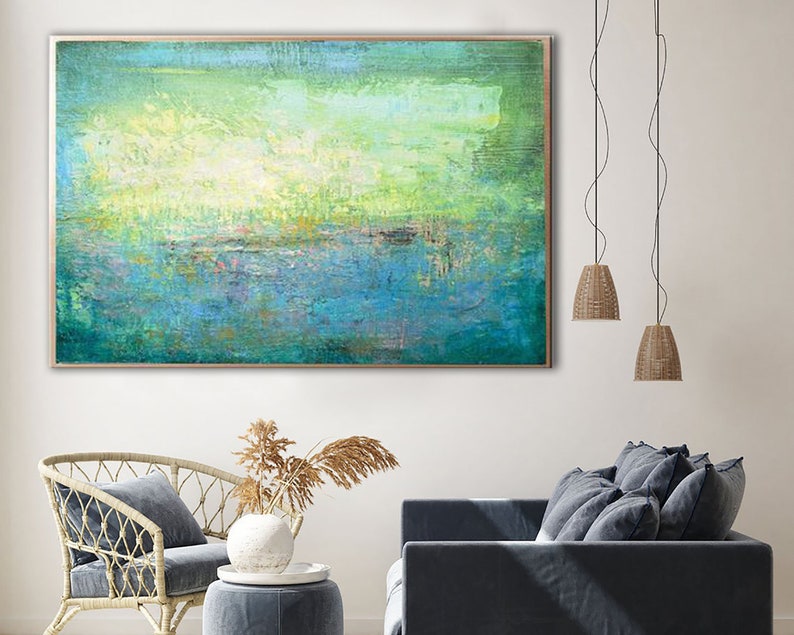 Abstract Landscape Painting, Green and Blue Wall Art, Modern Nature-Inspired Canvas, Hand-Painted Large Artwork for Home Decor