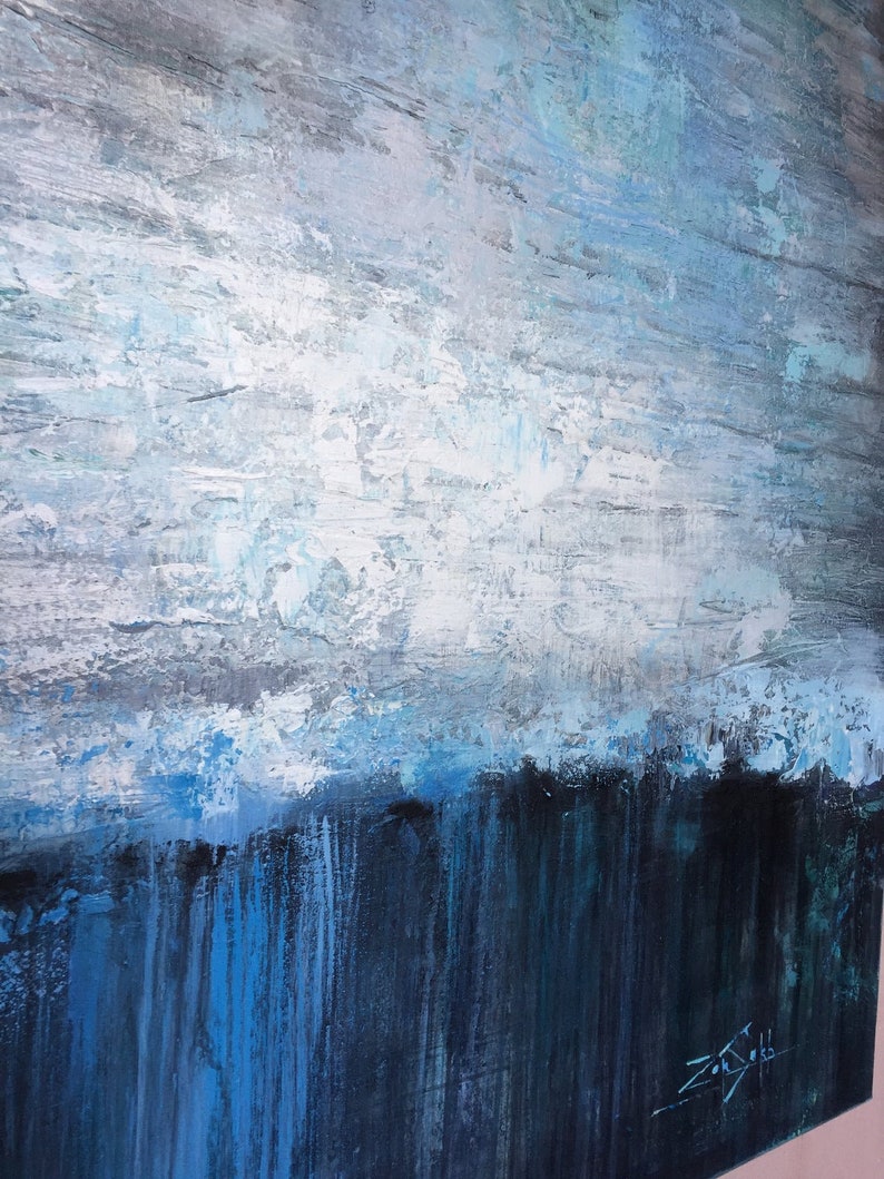 Large Abstract Blue Paintings On Canvas Neutral Minimalist Artwork Luxury Painting Heavy Textured Artwork for Living Room Wall Decor