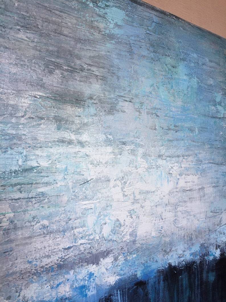 Large Abstract Blue Paintings On Canvas Neutral Minimalist Artwork Luxury Painting Heavy Textured Artwork for Living Room Wall Decor