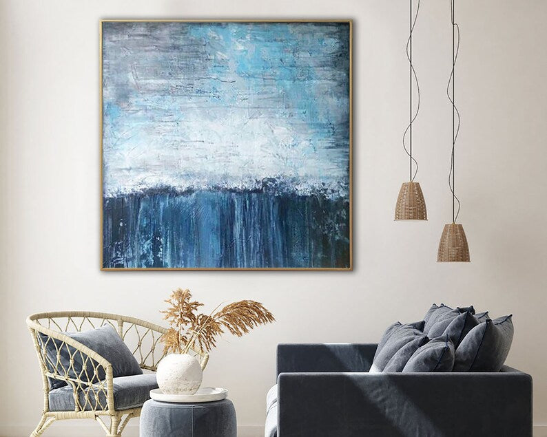 Large Abstract Blue Paintings On Canvas Neutral Minimalist Artwork Luxury Painting Heavy Textured Artwork for Living Room Wall Decor