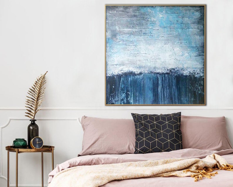 Large Abstract Blue Paintings On Canvas Neutral Minimalist Artwork Luxury Painting Heavy Textured Artwork for Living Room Wall Decor