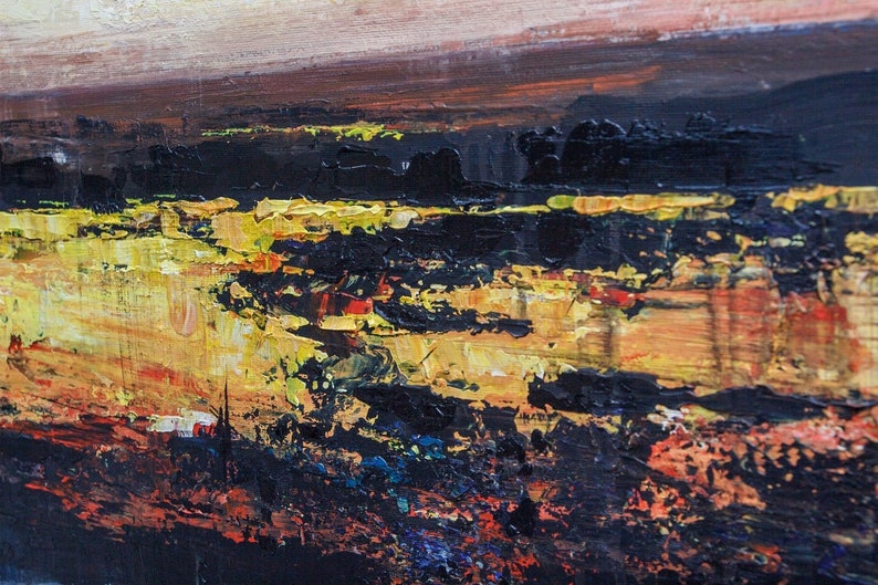 Abstract Sunset Painting Blue Oil Canvas Original Pink Painting Gold Leaf Artwork Living Room Art Housewarming Gift Office Wall Decor