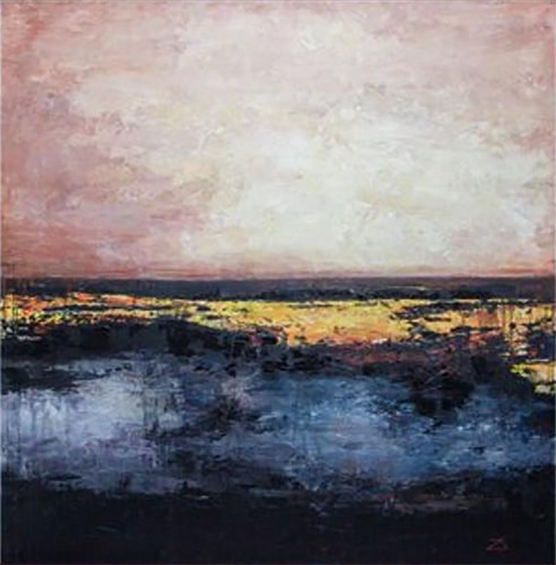 Abstract Sunset Painting Blue Oil Canvas Original Pink Painting Gold Leaf Artwork Living Room Art Housewarming Gift Office Wall Decor