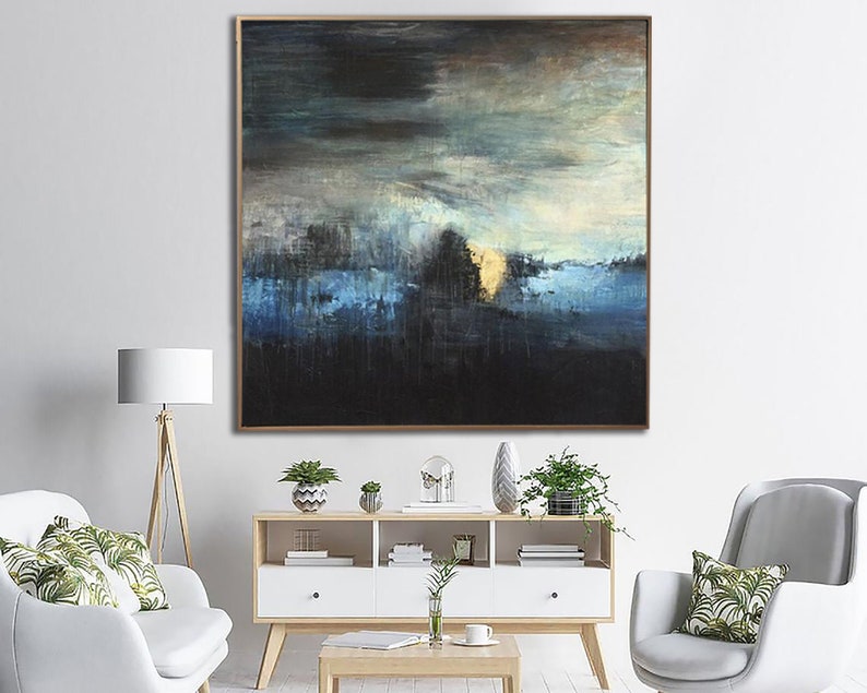 Navy Painting Original Oil Painting Dark Blue Wall Art Abstract Black Painting Textured Artwork Contemporary Wall Art Framed Art Home Decor