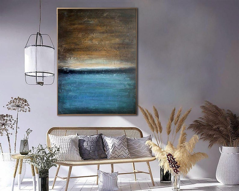 Large Abstract Seascape Paintings On Canvas Blue Sunset Wall Art Textured Painting Luxury Painting for Fireplace Wall Hanging Decor