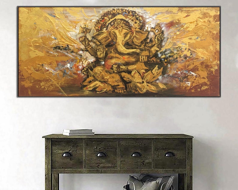 Large Gold Painting Ganesha Original Canvas Ganesha Canvas Wall Art Elephant Painting Buddhism Acrylic Canvas Buddha Painting Ganesha gift