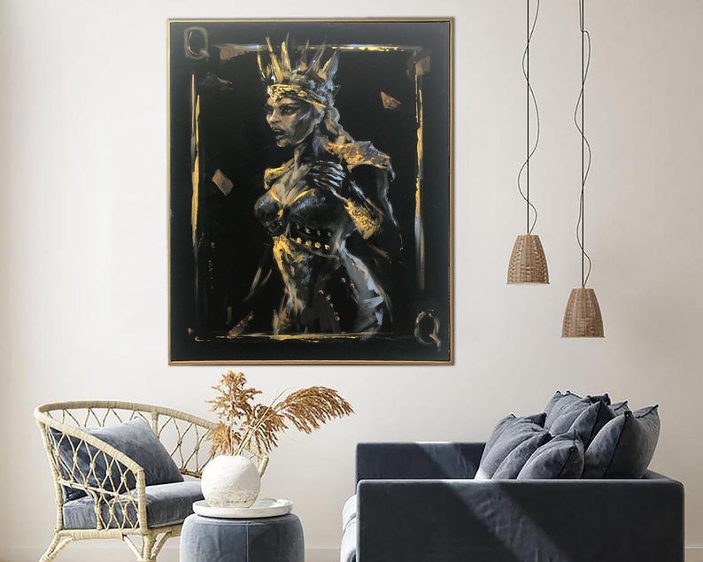 Pik-Dame Schwarz und Gold Abstrakte Kunst Moderne Ermächtigende Weibliche Kunst Kraftvolles Frauenportrait Leinwand Royalty Wanddekoration