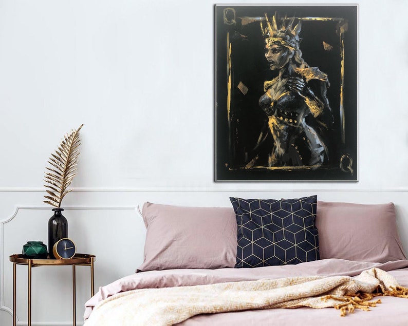 Pik-Dame Schwarz und Gold Abstrakte Kunst Moderne Ermächtigende Weibliche Kunst Kraftvolles Frauenportrait Leinwand Royalty Wanddekoration