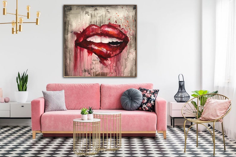 Large Abstract Red Lips Paintings On Canvas Original Textured Fine Art Modern Expressionist Art Handmade Painting Red Smile Art Wall Decor