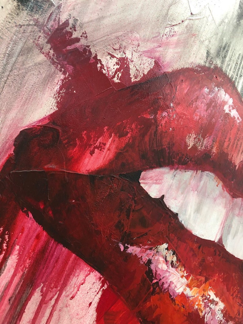 Large Abstract Red Lips Paintings On Canvas Original Textured Fine Art Modern Expressionist Art Handmade Painting Red Smile Art Wall Decor