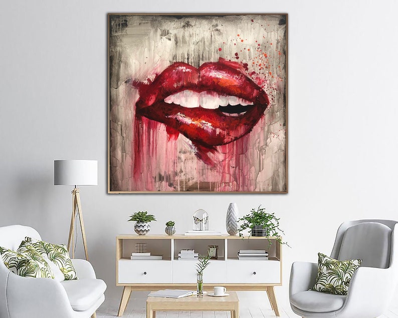 Large Abstract Red Lips Paintings On Canvas Original Textured Fine Art Modern Expressionist Art Handmade Painting Red Smile Art Wall Decor