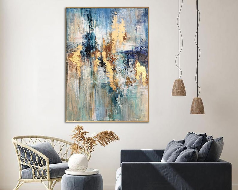 Abstraktes Gemälde Leinwand Blattgold Wandkunst Blaues Kunstwerk Strukturierte Ölkunst Zeitgenössische Wandkunst Luxusgemälde für Kamindekoration