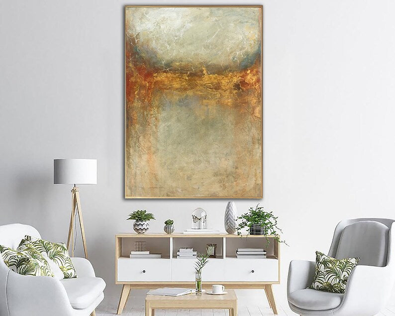 Abstrakt beige maleri på lærred, vægkunst med bladguld, kraftig tekstureret oliemaleri, moderne vægkunst, bestilt maleri til stuen