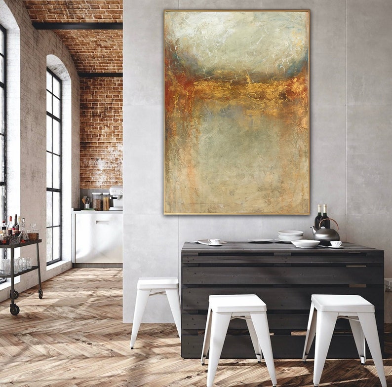 Abstrakt beige maleri på lærred, vægkunst med bladguld, kraftig tekstureret oliemaleri, moderne vægkunst, bestilt maleri til stuen