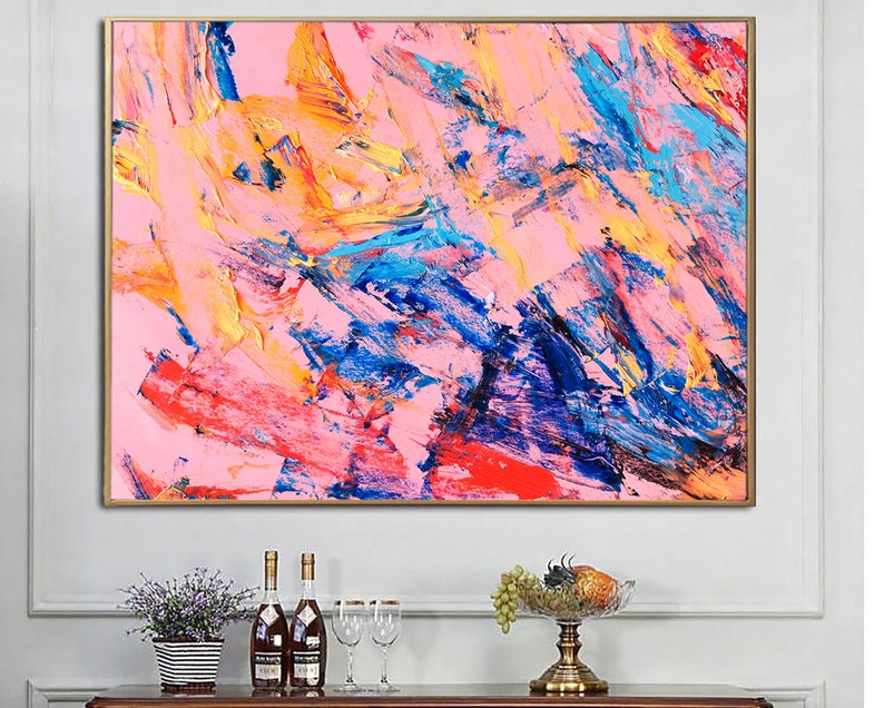 Abstract Painting Bright Wall Art Colorful Artwork Palette Knife Oil Painting Pink Painting Textured Wall Art Oversized Wall Art