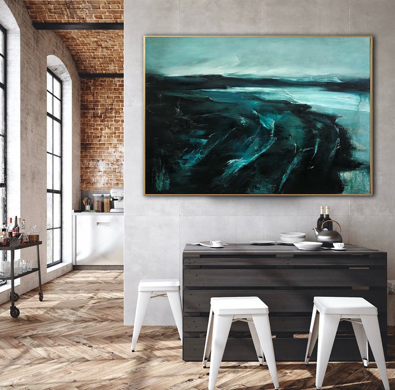 Extra Large Dark Green Seascape Paintings On Canvas Abstract Ocean Painting Navy Blue Fine Art Modern Oil Painting for Living Room Decor