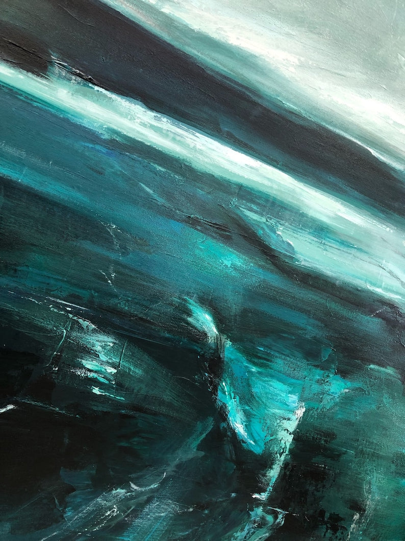 Extra Large Dark Green Seascape Paintings On Canvas Abstract Ocean Painting Navy Blue Fine Art Modern Oil Painting for Living Room Decor