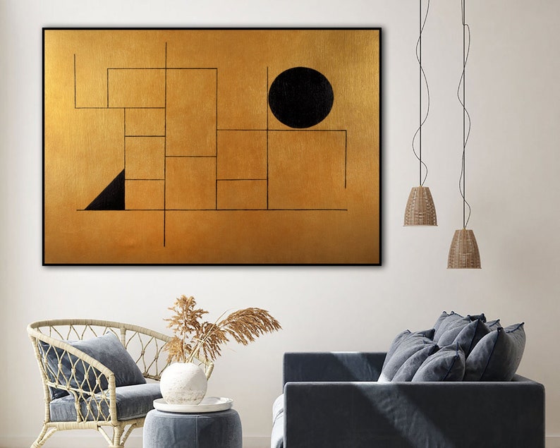 Bold Geometric Shapes Art Black and Gold Wall Art Line Wall Art Unique Fine Painting Atmospheric Art Custom Oil Painting
