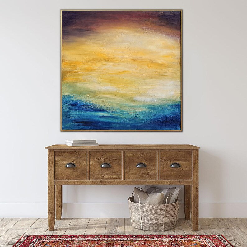 Sunset Wall Art Abstract Painting Coastal Decor Ocean Painting Seascape Art Blue Canvas Yellow Wall Art Living Room Art Large Abstract Art