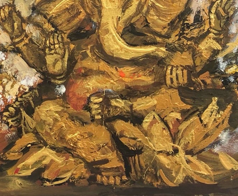 Large Gold Painting Ganesha Original Canvas Ganesha Canvas Wall Art Elephant Painting Buddhism Acrylic Canvas Buddha Painting Ganesha gift