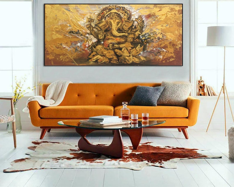 Large Gold Painting Ganesha Original Canvas Ganesha Canvas Wall Art Elephant Painting Buddhism Acrylic Canvas Buddha Painting Ganesha gift