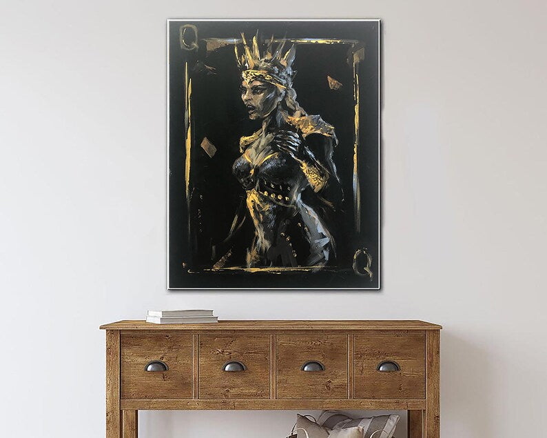 Pik-Dame Schwarz und Gold Abstrakte Kunst Moderne Ermächtigende Weibliche Kunst Kraftvolles Frauenportrait Leinwand Royalty Wanddekoration