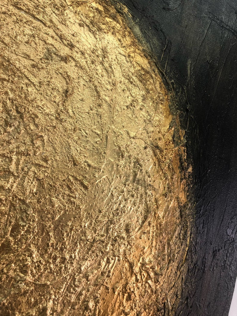 Originalt maleri på lærred, sort og guld vægkunst, bladguld kunst, brugerdefineret kunst, 32x32 kunst, abstrakt solmaleri til indie værelsesindretning