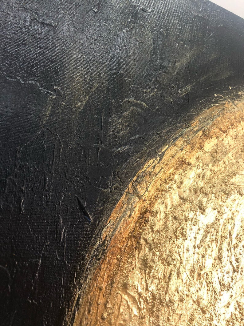 Originalt maleri på lærred, sort og guld vægkunst, bladguld kunst, brugerdefineret kunst, 32x32 kunst, abstrakt solmaleri til indie værelsesindretning