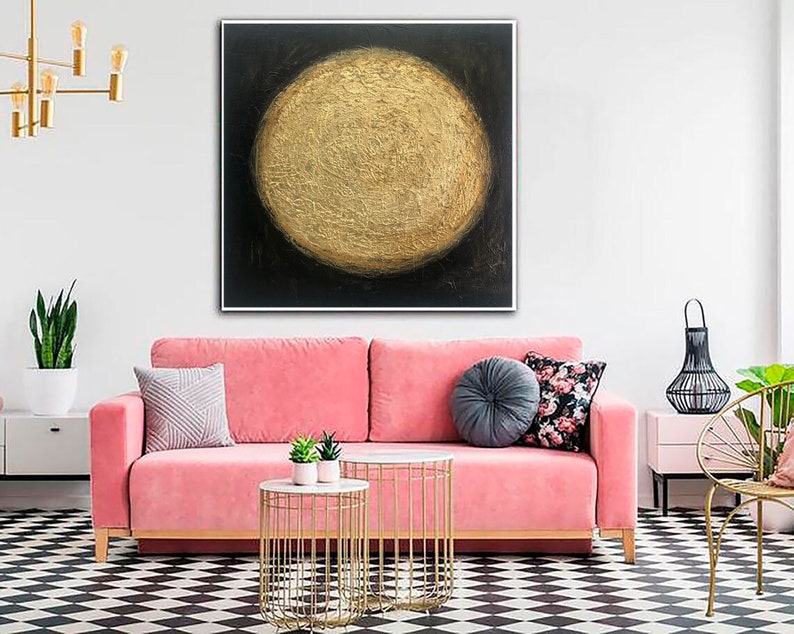 Originalt maleri på lærred, sort og guld vægkunst, bladguld kunst, brugerdefineret kunst, 32x32 kunst, abstrakt solmaleri til indie værelsesindretning