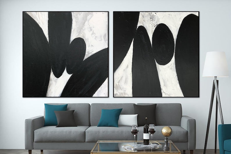 Large Abstract Painting Modern Wall Art Set Of 2 Paintings on Canvas Black White Oil Painting Living Room Wall Art Office Wall Art Framed