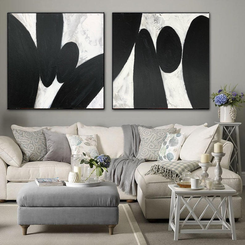 Large Abstract Painting Modern Wall Art Set Of 2 Paintings on Canvas Black White Oil Painting Living Room Wall Art Office Wall Art Framed