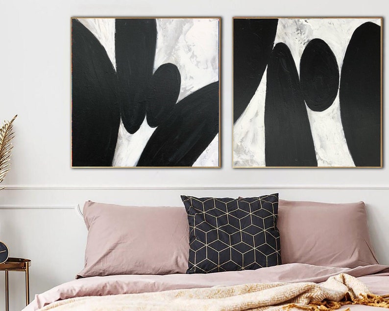 Large Abstract Painting Modern Wall Art Set Of 2 Paintings on Canvas Black White Oil Painting Living Room Wall Art Office Wall Art Framed