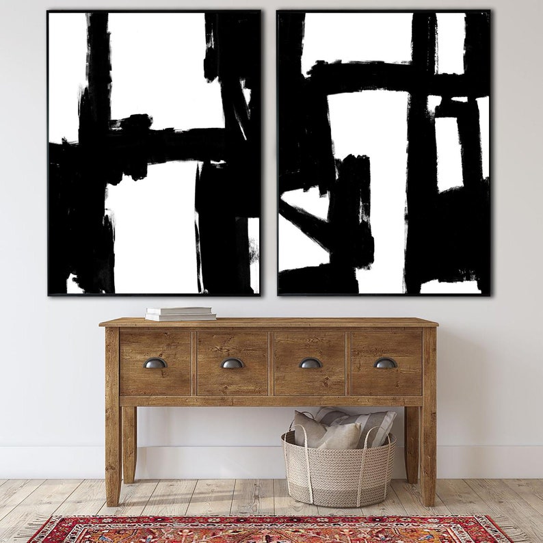 Sæt med 2 sort-hvide abstrakte malerier på lærred kunst levende oliemaleri moderne vægkunst abstrakt moderne kunst akryl vægdekorationskunst