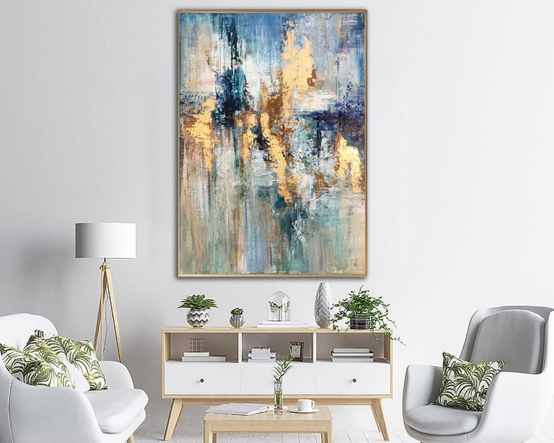 Abstraktes Gemälde Leinwand Blattgold Wandkunst Blaues Kunstwerk Strukturierte Ölkunst Zeitgenössische Wandkunst Luxusgemälde für Kamindekoration