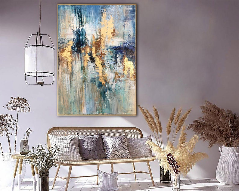 Abstraktes Gemälde Leinwand Blattgold Wandkunst Blaues Kunstwerk Strukturierte Ölkunst Zeitgenössische Wandkunst Luxusgemälde für Kamindekoration
