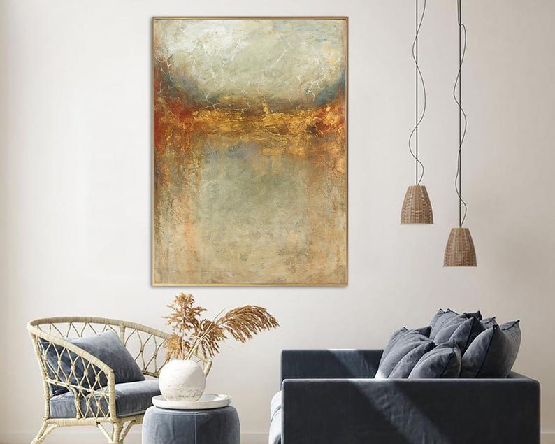 Abstrakt beige maleri på lærred, vægkunst med bladguld, kraftig tekstureret oliemaleri, moderne vægkunst, bestilt maleri til stuen