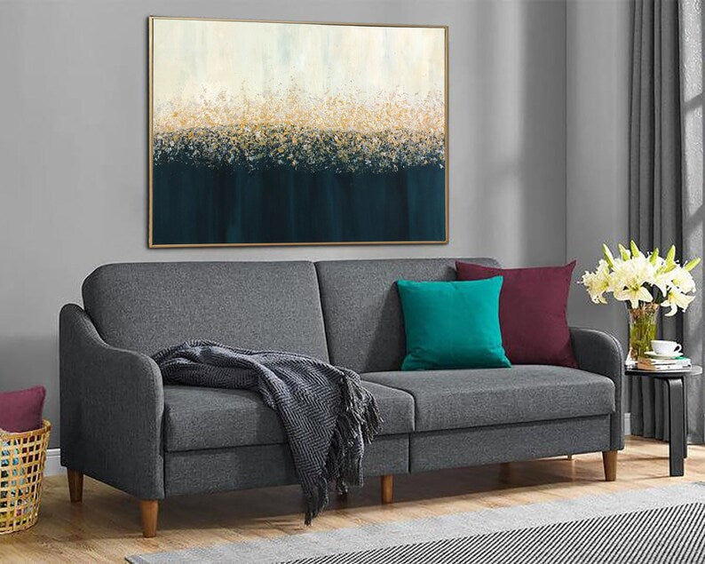 Abstract Gold and Navy Painting - Original Handmade Artwork, Modern Textured Wall Art for Luxurious Home Decor
